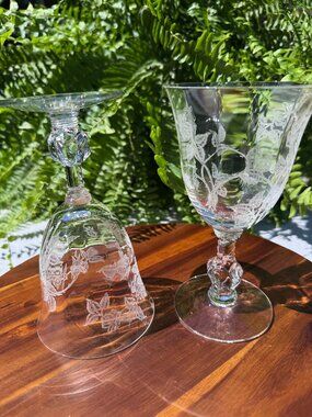 Set of 2 Vintage A.H. Heisey & Co. Rose Etched Crystal Goblets